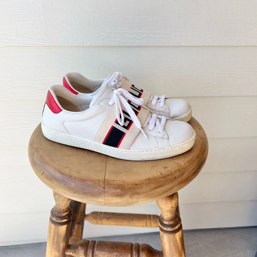 GUCCI Calfskin Stripe Men’s New Ace Sneakers New Mystic White Ecru Red Flame